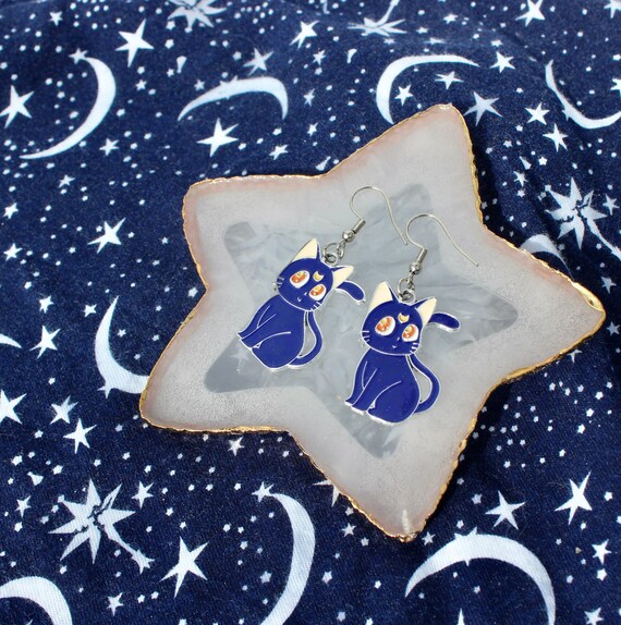 Orecchini Pendenti Donna Gatto E Luna In Acciaio Inossidabile - Argentei A Forma Di Stella E Micetto - Regalo Di Compleanno