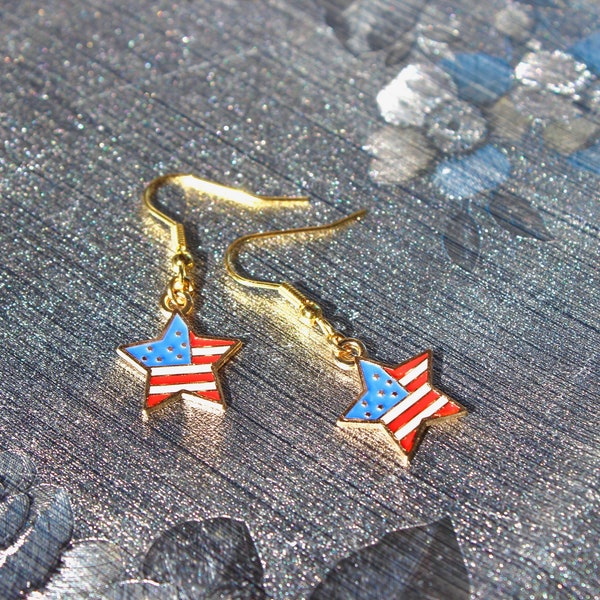 American Star Earrings, Stainless Steel Hooks, USA Flag Symbol, Stars And Stripes, Patriotic Jewelry, 4th Of July Gift