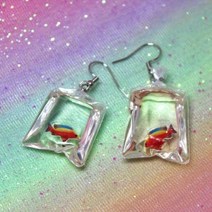 Tropical Fish in a Bag Earrings, Steel Hooks, Ocean, Sea Life, Coral Reef, Quirky Aquarist Accessory, Fun Unusual Gift for Pisces