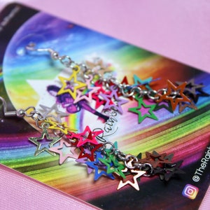 Rainbow 80s Disco Star Chain Earrings, Steel Hooks, Filigree Dainty Stars, Colorful Festival Jewelry, Retro Dance Party, Fun Gift image 4
