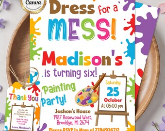 Invitación de cumpleaños con arte, invitación a fiesta de pintura, fiesta de disfraces, fiesta de arte con salpicaduras de colores, plantilla editable de Canva para niños