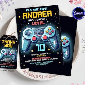 Editable Neon Game On Level Up Gaming Birthday Party Invitation, Video Game Birthday Invitation, Glow Game Party Printable Canva Template