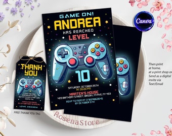 Editable Neon Game On Level Up Gaming Birthday Party Invitation, Video Game Birthday Invitation, Glow Game Party Printable Canva Template