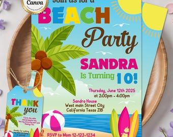 Beach Party Invitation, Summer Birthday Invite, Pool Party Invitation, Tropical Birthday Invite, Kids Summer Party, Editable Canva Template