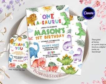 Op de afbeelding: Een kleurrijke dinosaurus-thema verjaardagsuitnodiging voor een jongen genaamd Mason voor zijn eerste verjaardag. De uitnodiging heeft een felgele zon, groene, paarse en blauwe dinosaurussen, en de tekst "One A-saurus Mason's 1st Birthday".