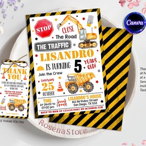 Editable Construction Birthday Party Invitation Template, Construction Invitation Template, Construction thank you tag