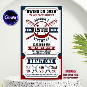 Puede incluir: Una invitaci&oacute;n de cumplea&ntilde;os con tem&aacute;tica de b&eacute;isbol con un esquema de color rojo, blanco y azul. La invitaci&oacute;n presenta una pelota de b&eacute;isbol con el texto "15th Birthday" y la fecha "10.25.20". La invitaci&oacute;n tambi&eacute;n incluye el texto "Swing on Over and Come Help Us Celebrate Jordan's 15th Birthday" y "RSVP to Mommy at 27542807781".