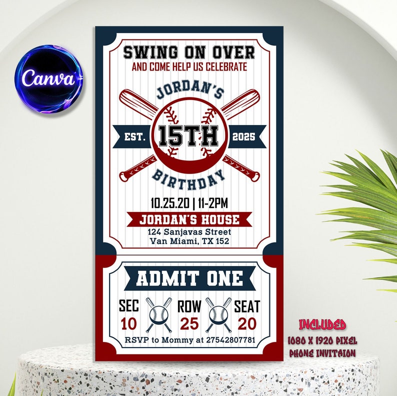 Puede incluir: Una invitaci&oacute;n de cumplea&ntilde;os con tem&aacute;tica de b&eacute;isbol con un esquema de color rojo, blanco y azul. La invitaci&oacute;n presenta una pelota de b&eacute;isbol con el texto "15th Birthday" y la fecha "10.25.20". La invitaci&oacute;n tambi&eacute;n incluye el texto "Swing on Over and Come Help Us Celebrate Jordan's 15th Birthday" y "RSVP to Mommy at 27542807781".
