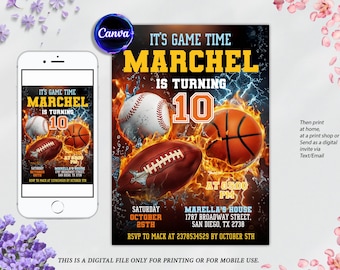 Sports Birthday Invitation, All Star Sports Invitation, Sports flyer, Sport Theme Invite, Any Age Party Birthday Invite, Editable Printable
