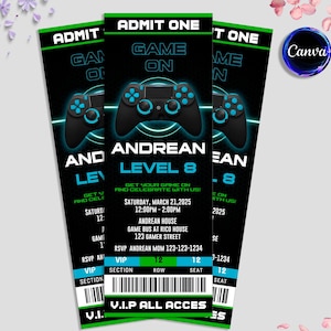 May include: Three black and green gaming-themed tickets with the text "ADMIT ONE" and "GAME ON." Each ticket features a blue controller graphic and event details, including the date, time, and location for "ANDREAN LEVEL 8." The tickets are for a gaming event.