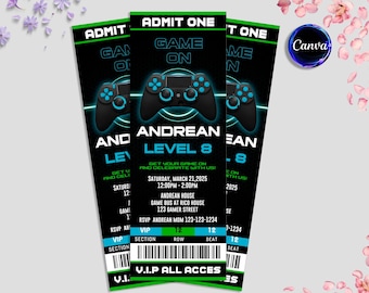 May include: Three black and green gaming-themed tickets with the text "ADMIT ONE" and "GAME ON." Each ticket features a blue controller graphic and event details, including the date, time, and location for "ANDREAN LEVEL 8." The tickets are for a gaming event.