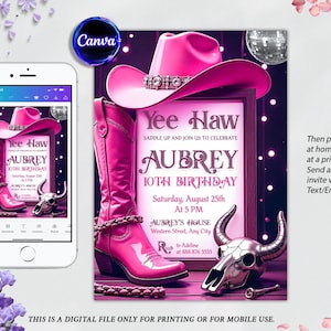 Pink Cowgirl Birthday Invitation: Yee Haw Rodeo Party (Editable Template, Digital Download 5x7 in