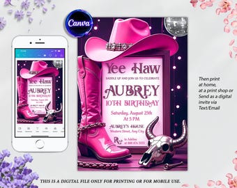 Pink Cowgirl Birthday Invitation: Yee Haw Rodeo Party (Editable Template, Digital Download 5x7 in