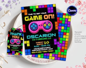Plantilla de invitación de cumpleaños de videojuegos, invitación de videojuegos, invitación para niños, invitación a fiesta de juegos, invitación de jugador, editable en Canva