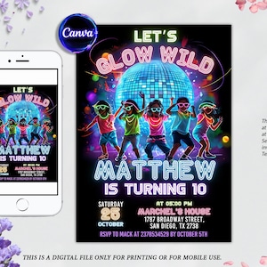 Glow verjaardagsuitnodiging, uitnodiging neon Glow feest, Glow Dance Party verjaardag, Let's Glow feestuitnodiging, elke leeftijd, Glow in the Dark verjaardagskaart