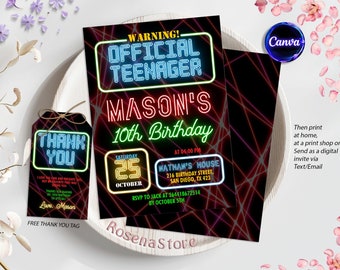 May include: A neon-themed birthday invitation for a 10th birthday party. The invitation features a black background with neon green, pink, and blue laser beams. The text "WARNING! OFFICIAL TEENAGER MASON'S 10th Birthday" is in a neon green font. The date and time of the party are listed as "Saturday, 25th October at 04:00 PM". The location is listed as "WATHAM'S HOUSE 216 BIRTHDAY STREET, SAN DIEGO, TX 423". The RSVP information is listed as "RSVP to JACK at 264418672514 by 5th October".