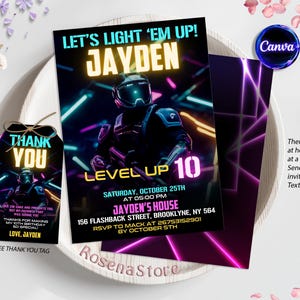 Laser Tag Birthday Invitation, Laser Tag Party Invite, Neon Glow Laser Tag, Boy Birthday Party, Editable Canva Template