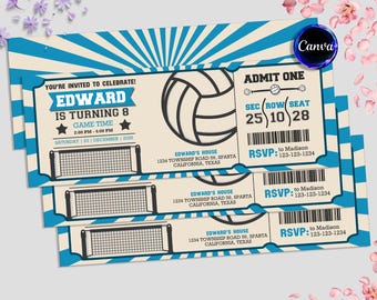 Convite de ingresso de vôlei, convite para festa de aniversário de vôlei, convite para festa estilo ingresso esportivo, qualquer idade, editável no Canva