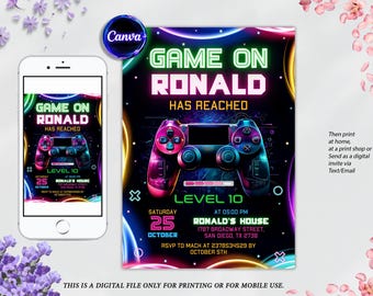 Video Game Birthday Invitation, Neon Game On Level Up Gaming Birthday Party Invitation, Glow Game Party Printable Canva Template