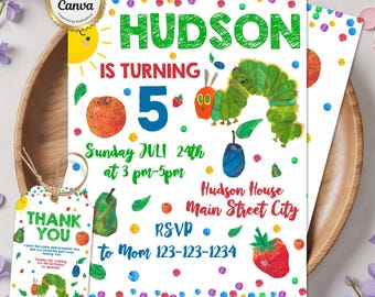Very Hungry Caterpillar Birthday Invitation, Canva Template (Digital Download)