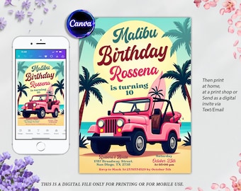 Malibu Birthday Invitation, Tropical Beach Party Invite, Editable Canva Template, Digital Download Kids Birthday Card, Pink Fashion Doll