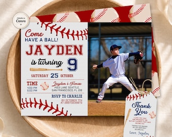 Baseball Birthday Invitation with Photo, Sports Party Invite, Rookie of the Year, Sports, Slugger Ball Game, Editable Canva Template