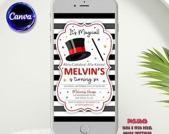 May include: A black and white striped phone screen with a white and red magician's hat and wand. The text on the screen reads "It's Magical!" "Abra-Cadabra! Alla-Kazoo!" "MELVIN'S is turning six" "Saturday, September 25th, at 04:00 PM" "Melvin's House 154 Markboard Road San Diego, FL 143" "RSVP to Mom at 907845637132 by September 5th".