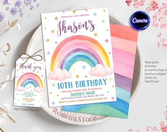 Invitación editable de cumpleaños del arco iris, fiesta del arco iris de las niñas, invitación de cumpleaños del arco iris, corazones de las nubes del arco iris, invitación del arco iris de la acuarela