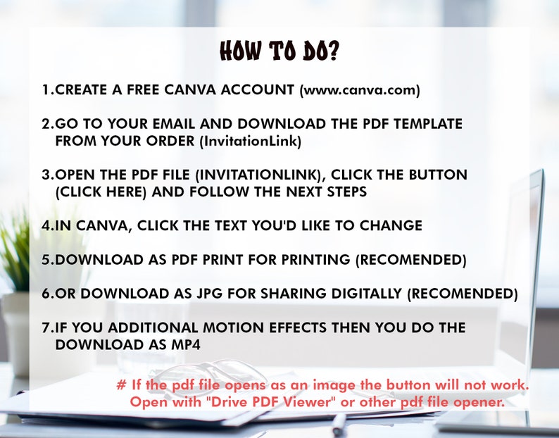 May include: A white background with black text outlining how to create a Canva account and download a PDF template. The text includes the website address www.canva.com and the phrase "InvitationLink".