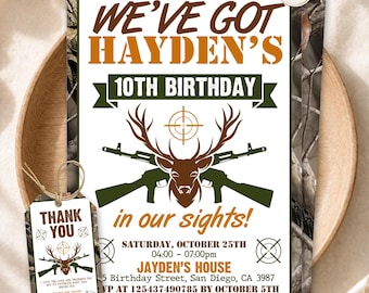 May include: A rectangular birthday invitation and a matching thank you tag featuring a camouflage background. The invitation displays the text WE'VE GOT HAYDEN'S 10TH BIRTHDAY in our sights, with a deer head, two rifles, and a target graphic.