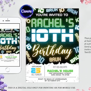 Boy 10Th Birthday Invitation, Bruh It&#39;s My Birthday Invitation, Neon Birthday Number Invitation, Glow Invitation, Editable Canva Template