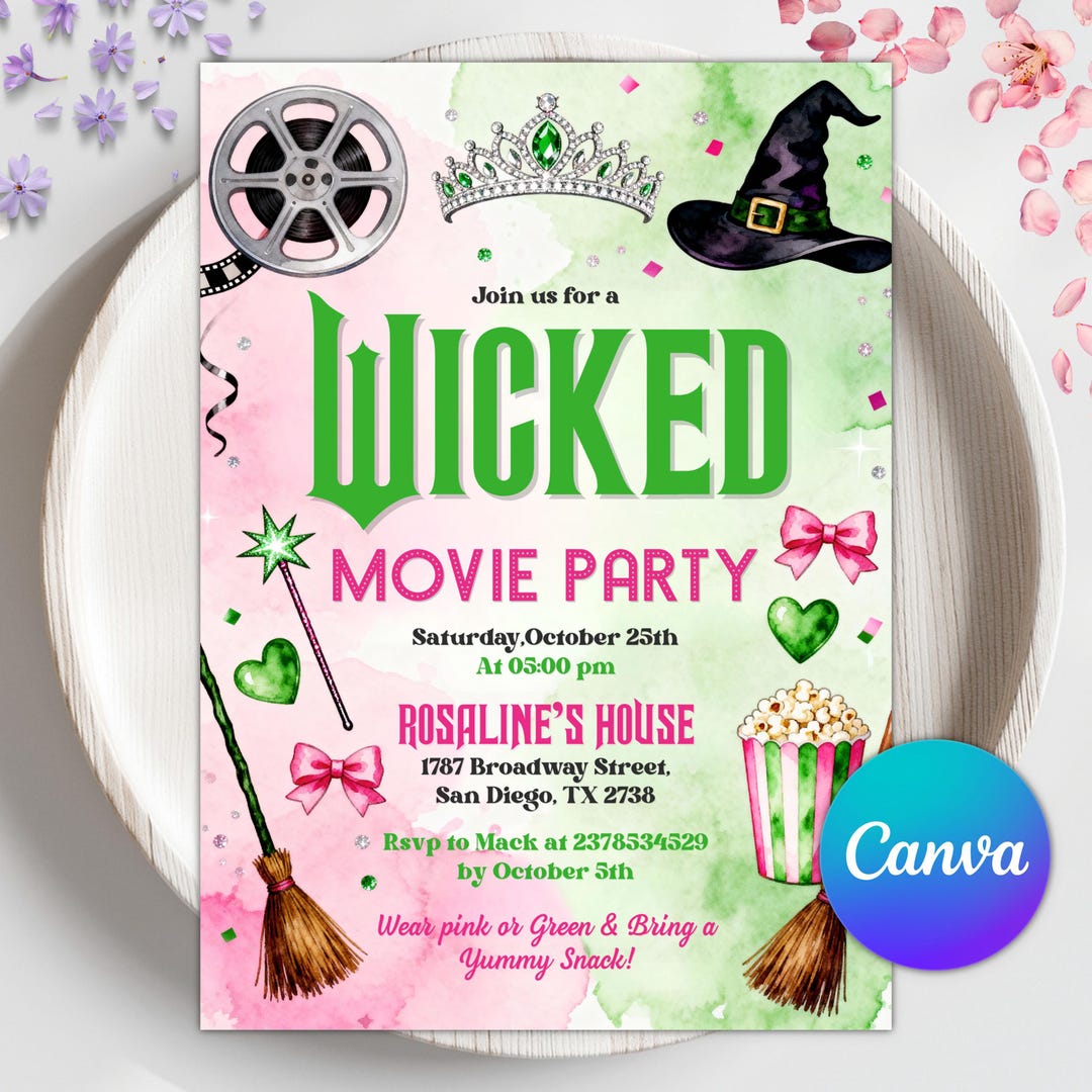 Downloadable Wicked Invitations Wicked Birthday Invitation, Wicked Movie Party, Editable Canva Template ...