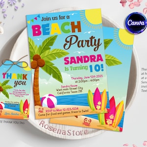 Beach Party Invitations , Beach Theme Party, Pink Beach Birthday Party, Girls Beach Birthday Invitations, Editale in Canva