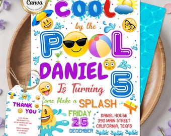 Emoji Pool Party Invitation, Pool Party Birthday Invitation, Girl Emoji Pool Party Party Invitation, Cool by the Pool, Summer Swim Party