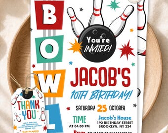 Bowling Birthday Invitation, Kids Bowling Party Invite, Retro Bowling Theme, Editable Canva Template