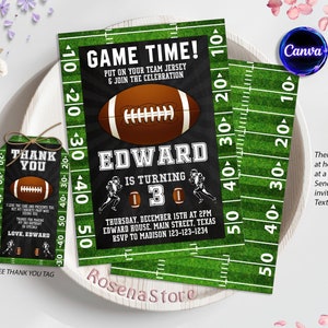 May include: A green and black football-themed birthday party invitation with a football graphic and the text "Game Time! Put on your team jersey & join the celebration."  The invitation also includes the name "Edward" and the age "3".