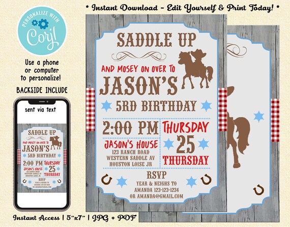 Cowboy Birthday Invitation Printable Cowboy Birthday | Etsy