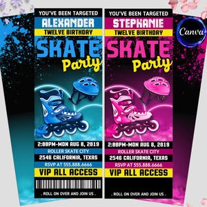 May include: Two colourful invitations for a skate party. The left invitation is blue and black with the text "You've been targeted Alexander Twelve Birthday Skate Party" and the right invitation is pink and black with the text "You've been targeted Stephanie Twelve Birthday Skate Party". Both invitations feature a roller skate and a helmet.