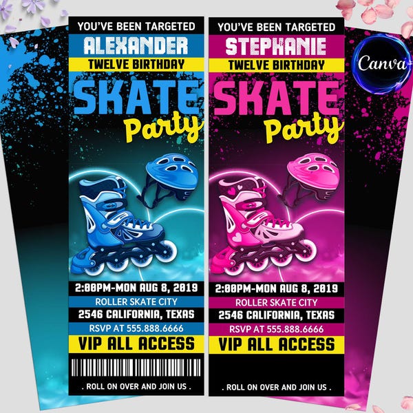 Skate Ticket Invitations, Roller Skating Birthday Party Invitation, Glow Gender Neutral Invites, Glow Roller Skating Party, Neon Party