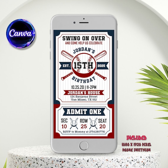 Baseball Electronic Birthday Invitation, Baseball Invitation, Baseball Text Invite, Baseball Party Invitation, Editale in Canva