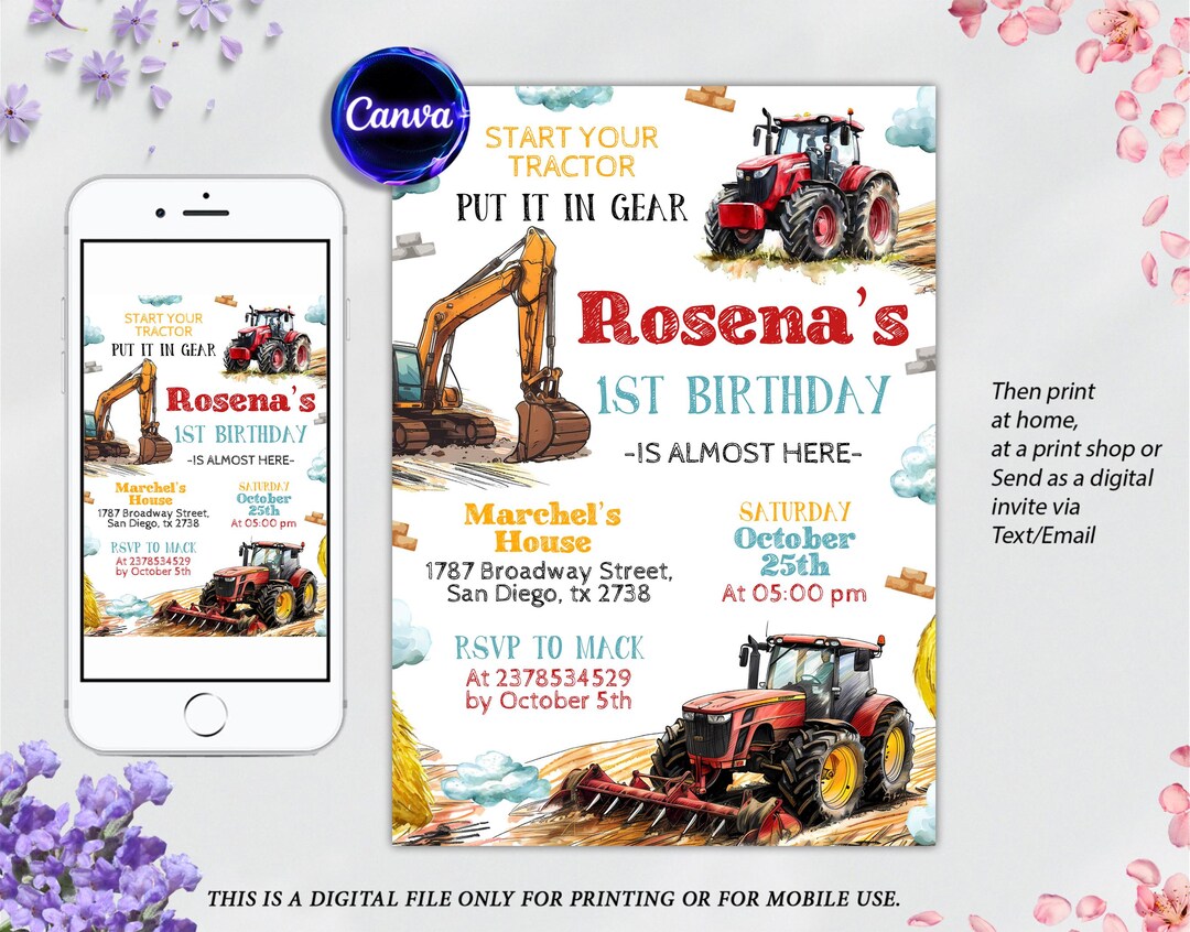 Editable Tractor Invitation, Green Tractor Birthday Party Invitation ...