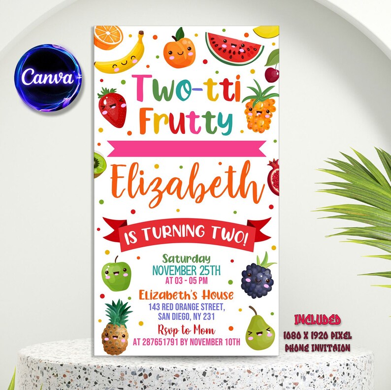 May include: A colorful invitation for a child's birthday party. The invitation features a cartoon illustration of fruits with faces and the text "Two-tti Frutty Elizabeth is turning two!" The invitation includes details about the party, including the date, time, and location.