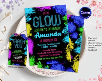 Editable Glow Birthday Party Invitation, Boy Girls Glow Neon, Neon Glow Birthday Invite, Teen Birthday Invitation