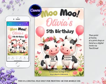 Modèle d'invitation d'anniversaire vache sacrée : fête de cow-girl (téléchargement numérique, 5 x 7 pouces PDF/JPEG modifiable sur toile)
