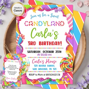 Candyland verjaardagsuitnodiging, Gumball Machine Party, meisjes Sweet Three uitnodigen, lolly regenboog verjaardag, snoep uitnodigen, bewerkbare Canva