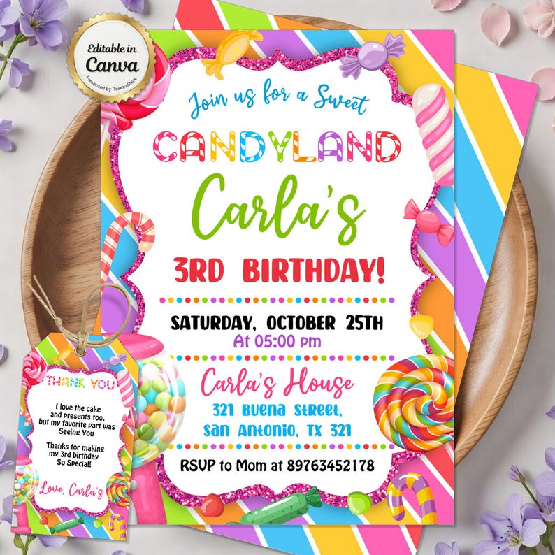 Candyland Birthday, Gumball Invitation, Girls Birthday, Sweet Three Invite, Lollipop Party, Rainbow Birthday, Candy Shop Decor, Pink Glitter Party, Kids Party Invite, Pastel Invitation, Digital Download, Canva Template, Sugar Party