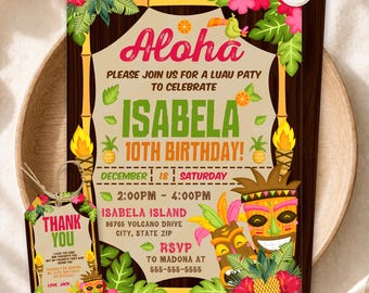 Luau Birthday Invitation, Aloha Tropical Party Invite, Hawaiian Birthday Party, Tiki Luau Invitation, Editable Canva Template