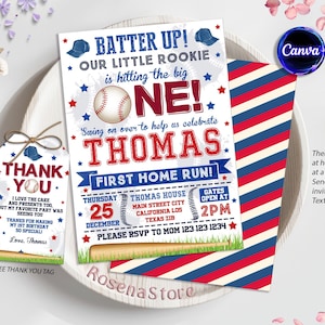 Baseball Birthday Invitation, Boy Rookie of the Year Birthday, Editable Invitation, Digital Canva