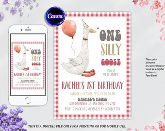 One Silly Goose Birthday Invitation Template, Girl 1st Birthday Invite, Goose First Birthday Invitation, Printable Invite, Editable in Canva