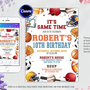 Editable Sports Birthday Invitation, Sports Theme Invitation Template, Ball Sports Birthday Party Invite, Basketball Baseball Football